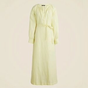 J. Crew Cabana Linen Dress Midi Long Sleeve Wrap Waist Tie Buttons Yellow Summer